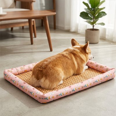 Tapis rafraichissant Chien lapin rose avec chien couché au centre du salon