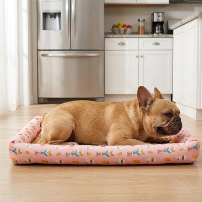 Tapis rafraichissant Chien lapin rose avec pug couché devant la cuisine