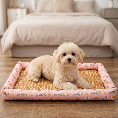 Tapis rafraichissant Chien lapin rose sur le sol au pied du lit avec caniche couché heureux