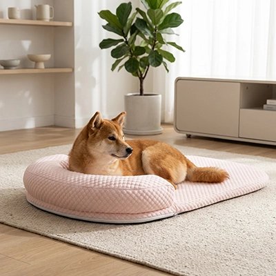 Tapis rafraichissant Chien rose avec chien sur tapis au centre du salon