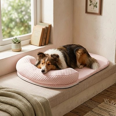 Tapis rafraichissant Chien rose avec colley qui y dort sur bord de fenêtre 