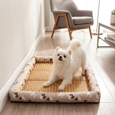Tapis rafraichissant Chien beige/pandas avec chien blanc accroupi fesses relevées heureux dans salon 