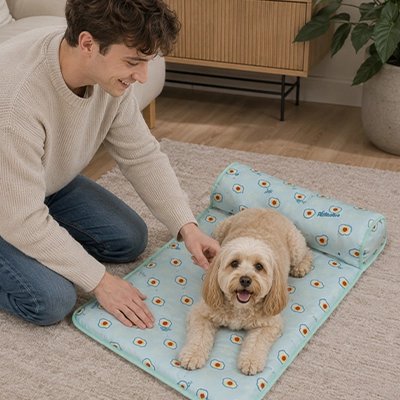 Tapis rafraîchissant Chien vert avec chien couché et sa maîtresse devant canapé