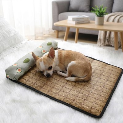 Tapis rafraichissant Chien Vert/avocats / S 40X30CM sur le sol du salon avec chiwawa couché