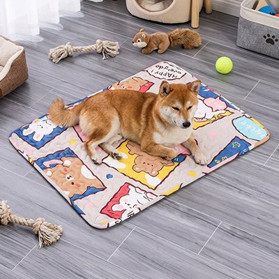 Tapis rafraichissant pour Chien Beige/multicolore/animales  sur plancher bois gris salon avec chien se reposant