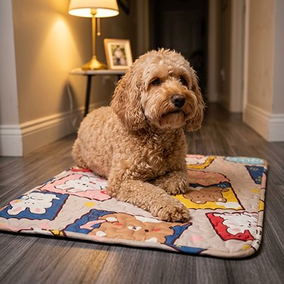 Tapis rafraichissant pour Chien Beige/multicolore/animales  sur plancher bois gris dans corridors avec caniche brun se reposant