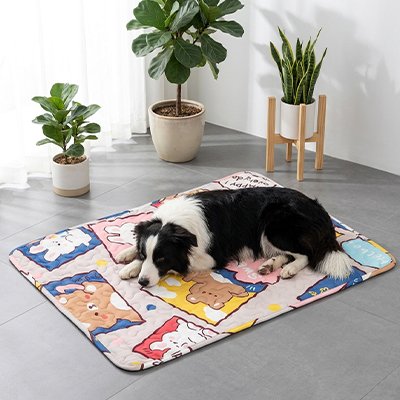 Tapis rafraichissant pour Chien Beige/multicolore/animales  sur plancher bois gris avec chien se reposant